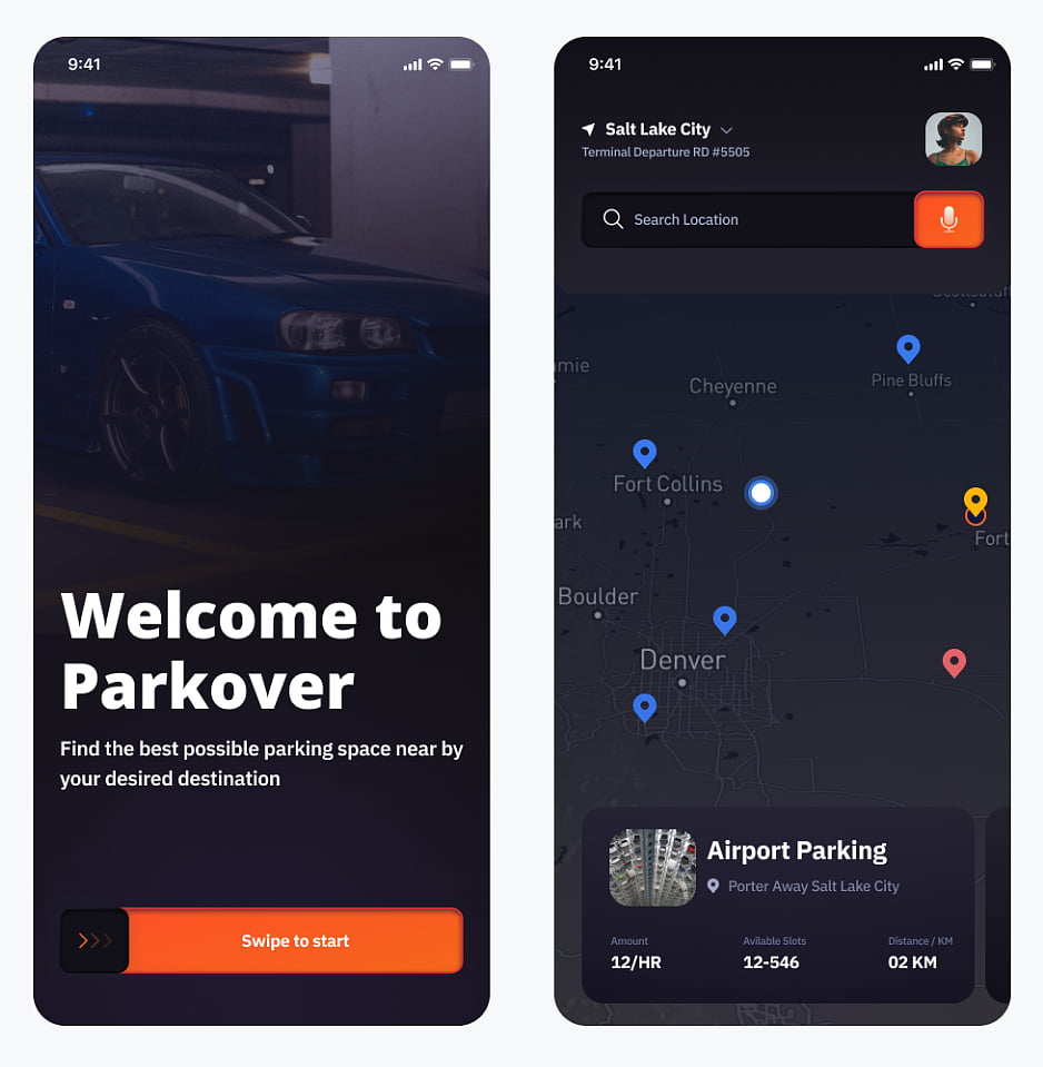 图片[1]-Parkover暗色风格停车应用App Ui界面-Deise