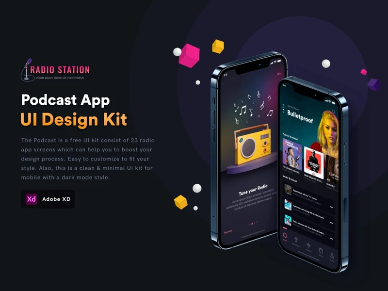 Podcast：广播电台应用程序 UI 套件-得设创意